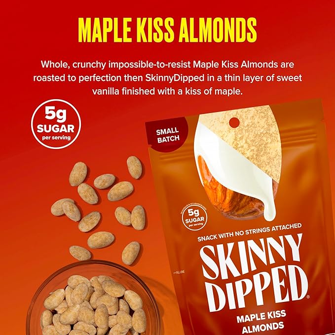 SkinnyDipped Maple Kiss Almonds, Healthy Snack, Plant Protein, Gluten Free, 3.5 oz Resealable Bags