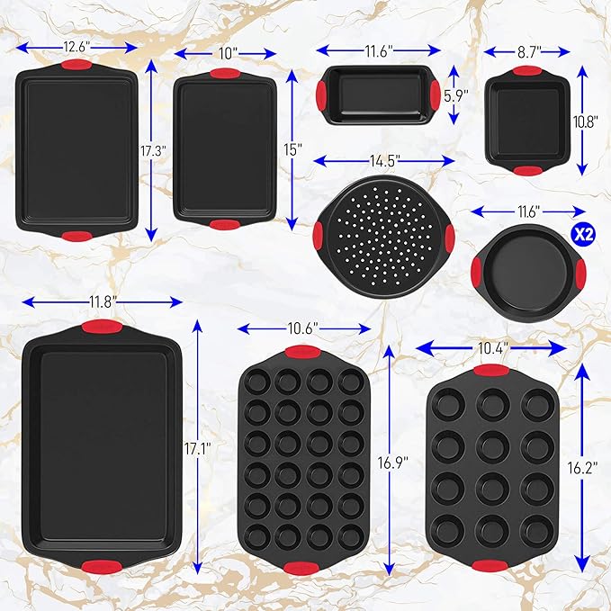 NutriChef Premium 10-Piece Bakeware Set - Flexible Nonstick Carbon Steel, Stylish Red Silicone