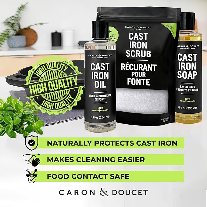 CARON & DOUCET ??Ultimate Cast Iron Set PLUS: Seasoning Oil, Cleaning Soap & Restoring Scrub | 100%