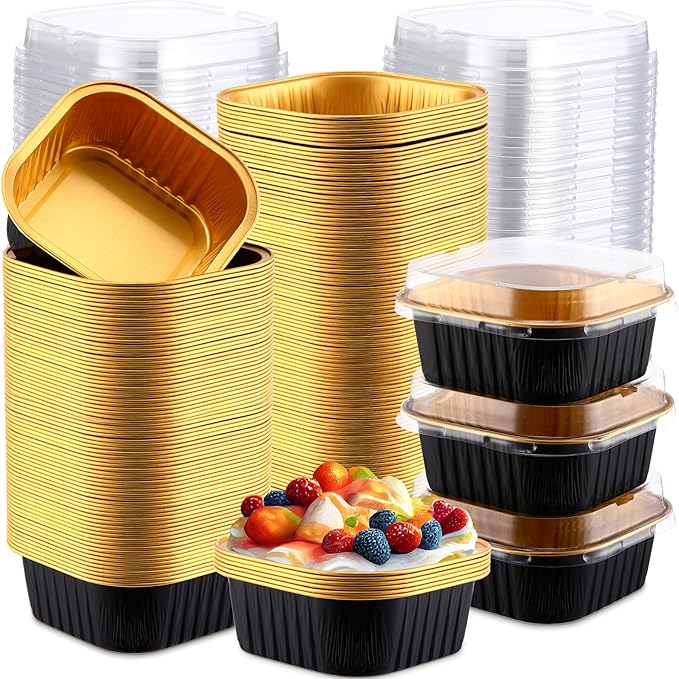 Aoriher 300 Pieces 10 oz Mini Cake Pans with Lids, Aluminum Foil Baking Cups, Square Disposable