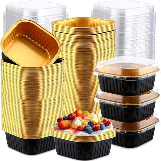 Aoriher 300 Pieces 10 oz Mini Cake Pans with Lids, Aluminum Foil Baking Cups, Square Disposable