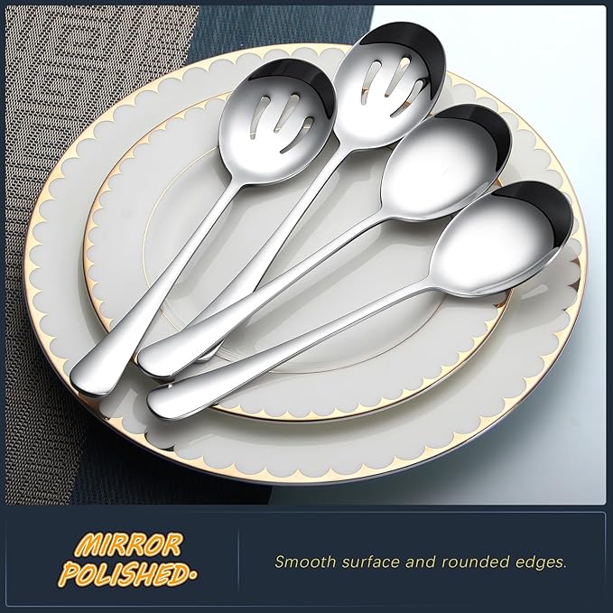 4-Piece Serving Spoons Set - Includes 2 Serving Spoons and 2 Slotted Spoons, Large Cutlery for