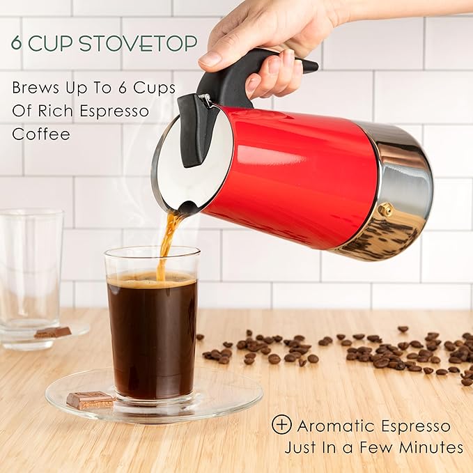 Mixpresso Red 6 Cup Greca Stovetop Espresso Pot 300ml/10oz, Moka Pot with Coffee Percolator Design