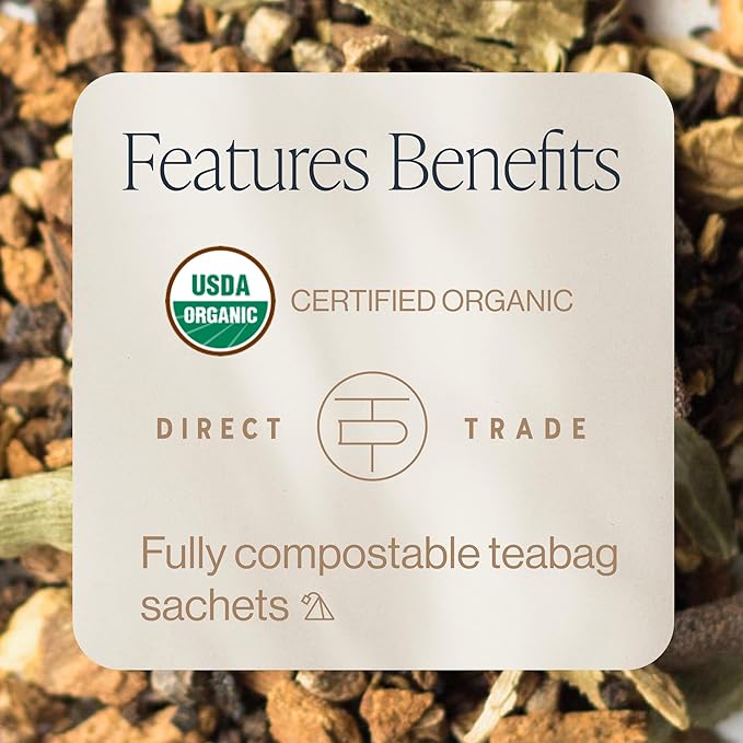 Rishi Tea Masala Chai Black Sachet Tea Bag Blend - Organic, Assam with Whole Spices, Energizing &