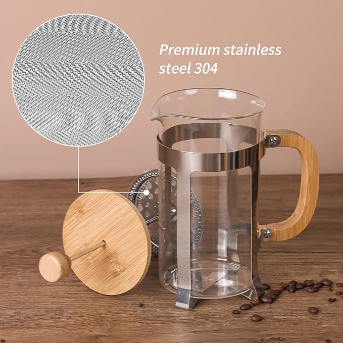 Sivaphe 34 oz French Press Coffee/Tea Maker with Bamboo Lid and Hand Stainless Steel High