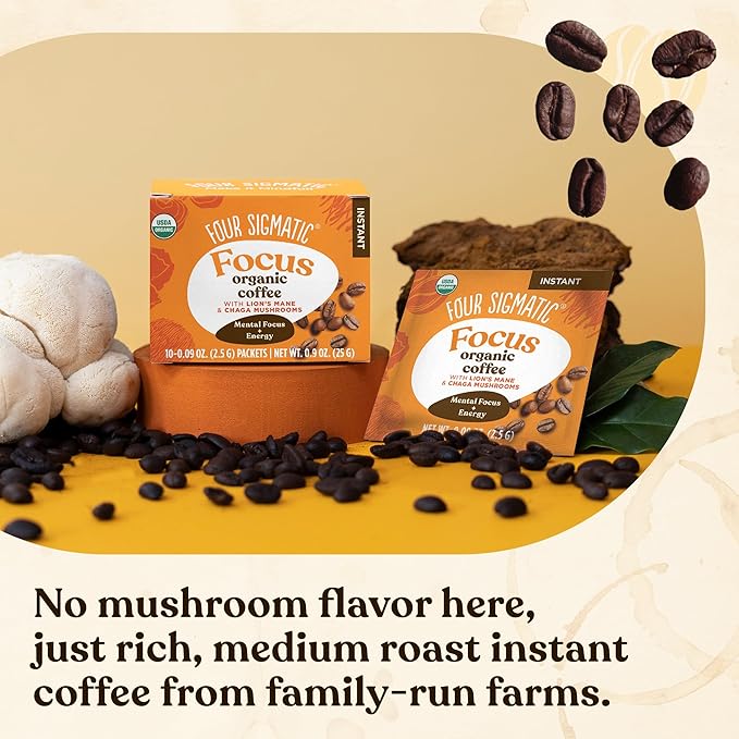 Four Sigmatic Focus Organic Mushroom Coffee | Instant Mushroom Coffee Mix with Lion's Mane, Chaga