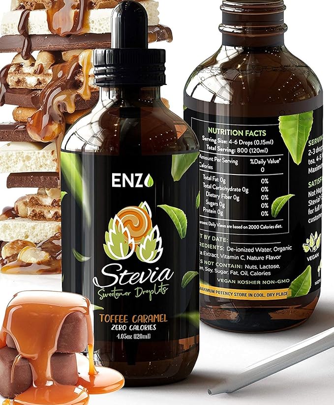 Enzo Liquid Stevia Drops Our Zero Calories Sweetener (4oz - 800 Servings/Bottle) - Toffee Caramel