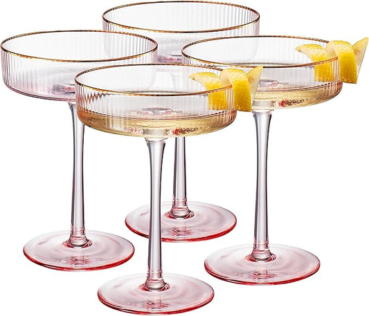 Khen Ribbed Vintage Art Deco Coupe Glasses - Martini, Champagne & Cocktail Ribbed Glasses 8oz |