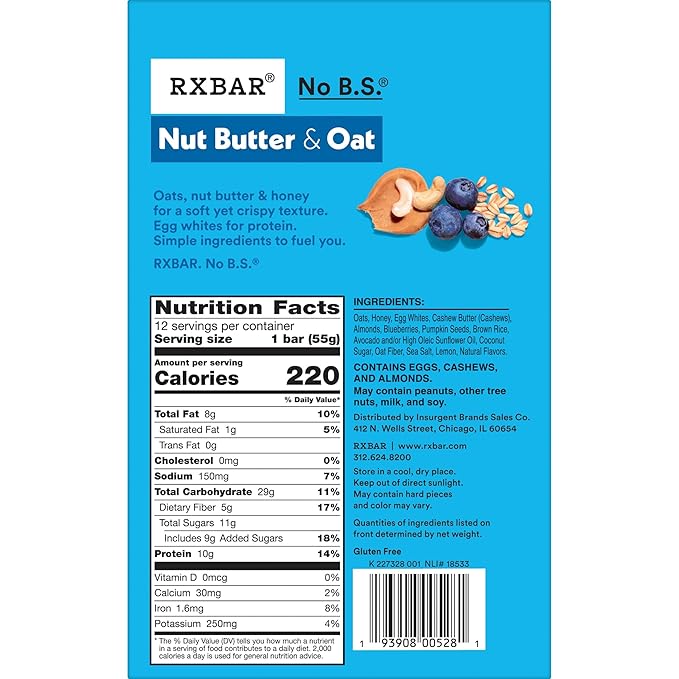 RXBAR Nut Butter and Oat Protein Bars, Protein Snacks, Snack Bars, Blueberry Cashew Butter, 23.2oz