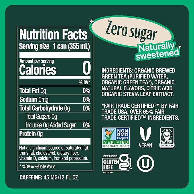 Zevia Zero Sugar Tea, Green Tea, 12 oz Cans (12-Pack) – Naturally Sweetened, Zero Calorie Sugar