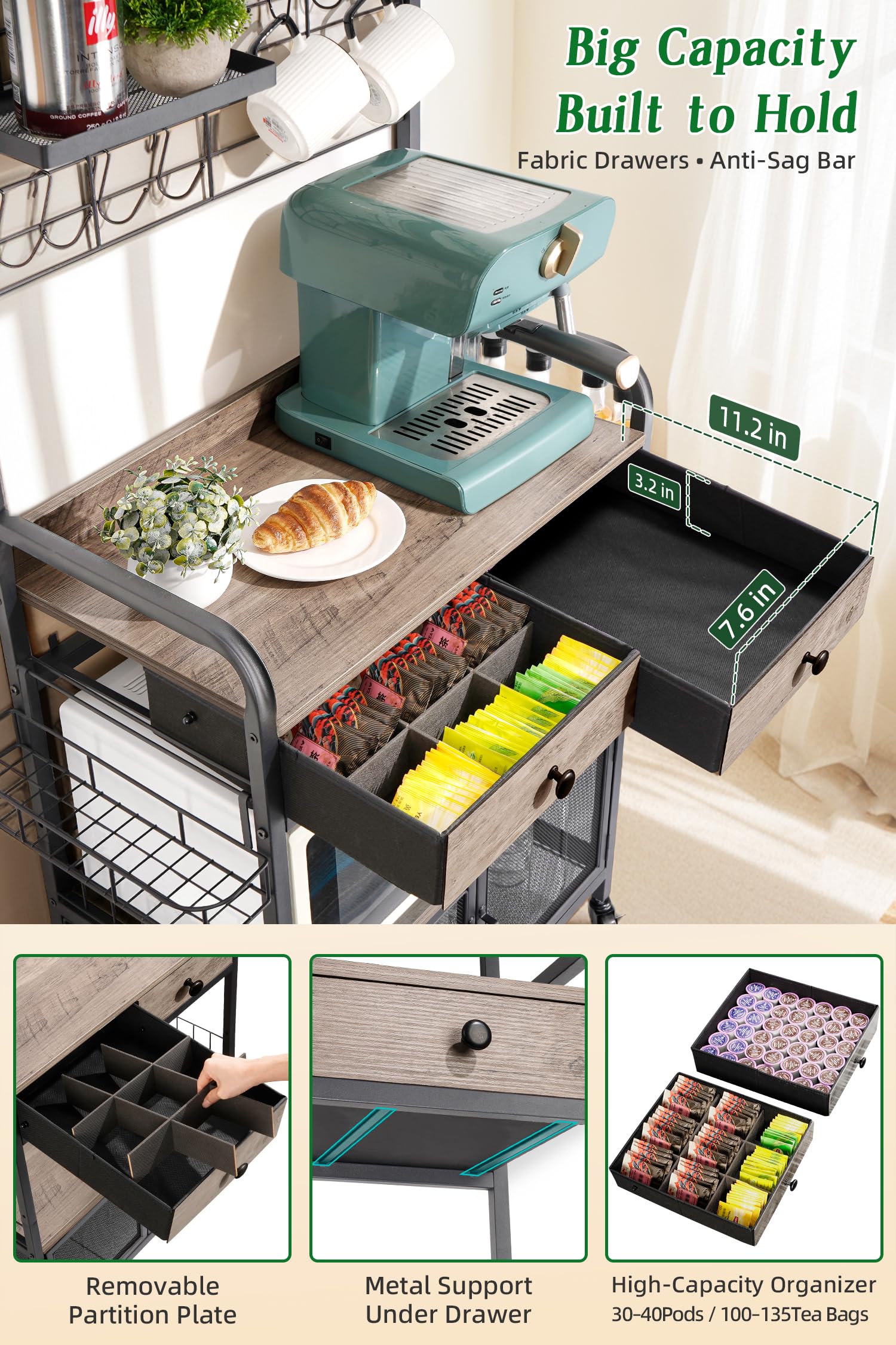 Coffee Bar Cabinet with Storage, Coffee Cart with Wheels, Coffee Station with Coffee Bar Sign and