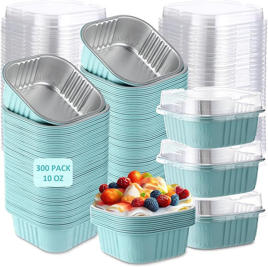 Aoriher 300 Pieces 10 oz Mini Cake Pans with Lids, Aluminum Foil Baking Cups, Square Disposable