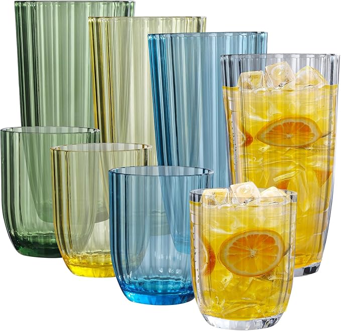 Acrylic Clear Highball Plastic Cups | Plastic Reusable Tumblers 15oz & 20oz (Set of 8) | Stackable