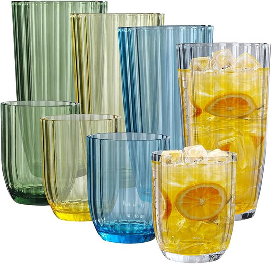 Acrylic Clear Highball Plastic Cups | Plastic Reusable Tumblers 15oz & 20oz (Set of 8) | Stackable