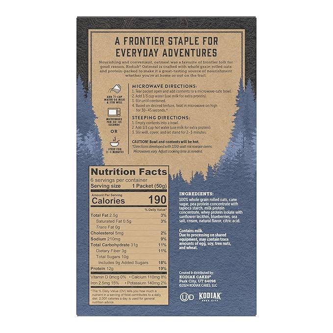 Kodiak Instant Oatmeal Packets, Blueberries & Cream, High Protein, 100% Whole Grains, 6 boxes with