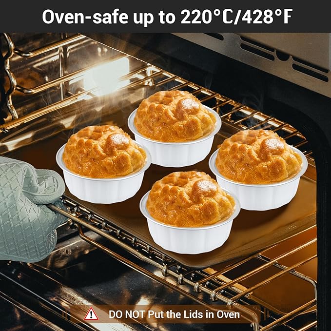 EUSOAR Muffin Liners for Baking, 50pcs 9oz White Foil Ramekins, Aluminum Desert Cups with Lids