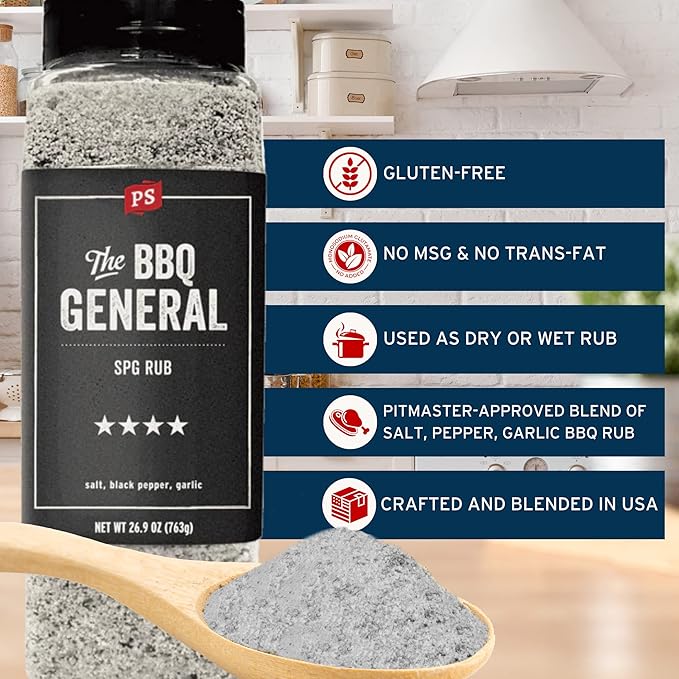 PS Seasoning The BBQ General - SPG Seasoning, All-Purpose BBQ Seasoning & Rubs for Smoking and