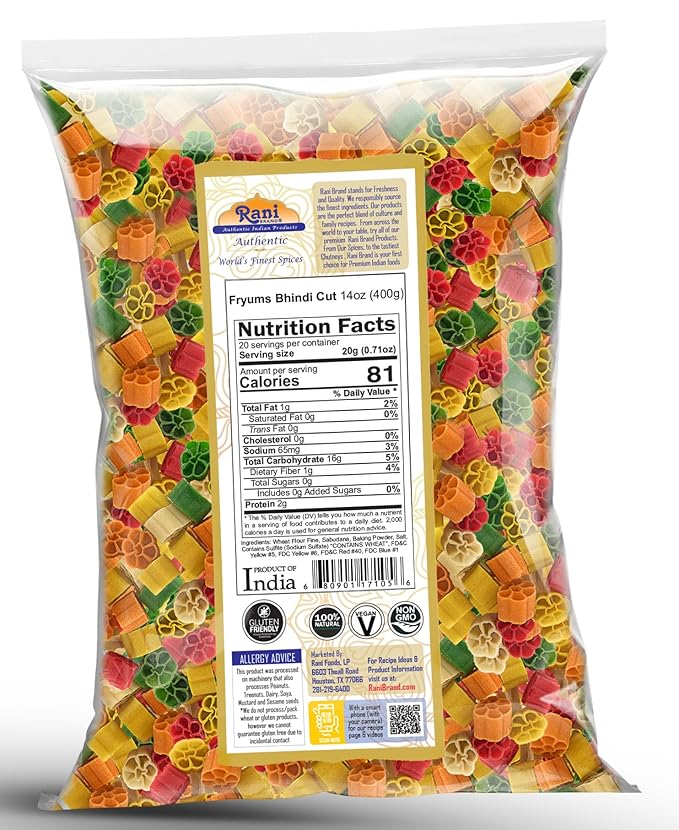 Rani Far Far / Fryums (Wheat & Tapioca Pellet) Bhindi Shape 14oz (400g) ~ Vegan, Kosher, Uncooked