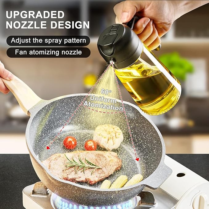 Oil Sprayer for Cooking 2 in 1, 470ml/16oz, Oil Spray & Dispenser Glass Bottle, Food-grade material