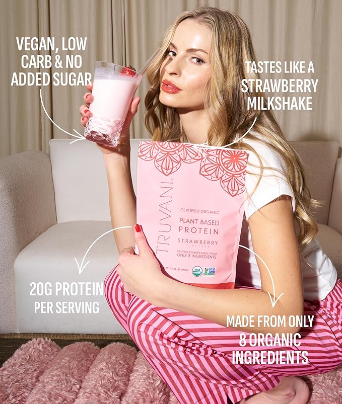 Truvani Vegan Pea Protein Powder | Strawberry | 20g Organic Plant Based Protein | 20 Servings |