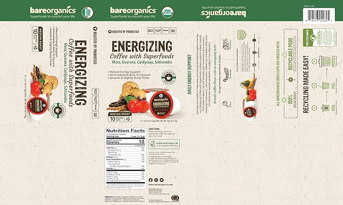 BareOrganics Energy Medium Roast Coffee, Organic, 10 K-Cup Pods, Superfoods & Probiotics Infused