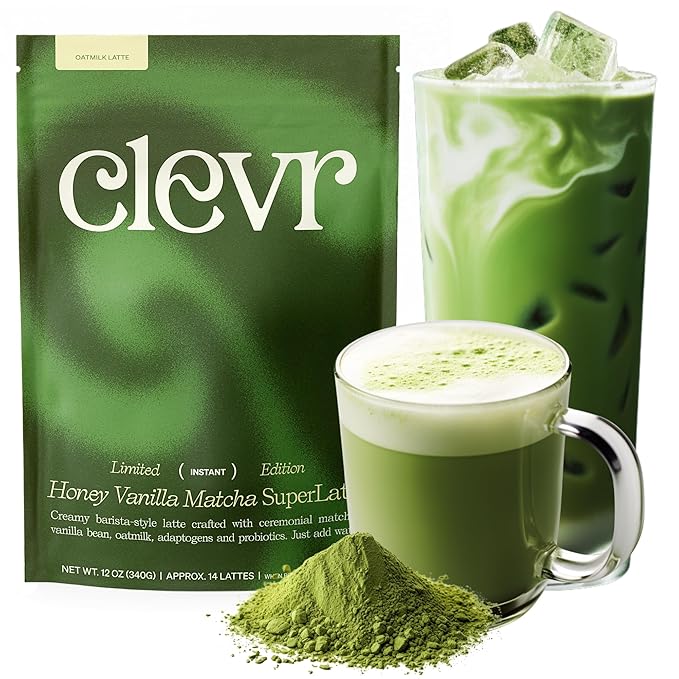 Clevr Blends Organic Honey Vanilla Matcha SuperLatte, Instant Ceremonial Grade, Superfood Powder