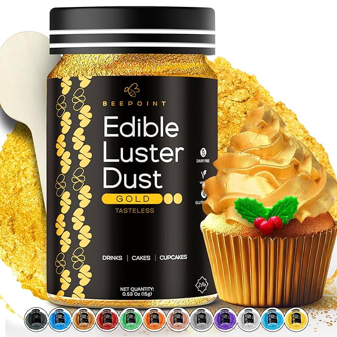 BeePoint Gold Edible Luster Dust 15g - Food Grade, Vibrant Color Shimmer Powdered Dust for Drinks