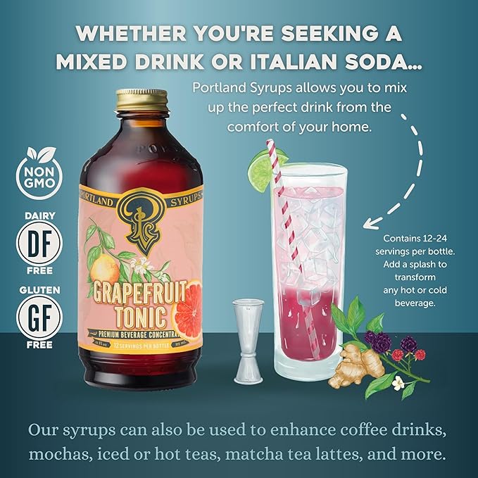 Portland Syrups Grapefruit Tonic Syrup - Refreshing Citrus Flavor - Premium Beverage Concentrate