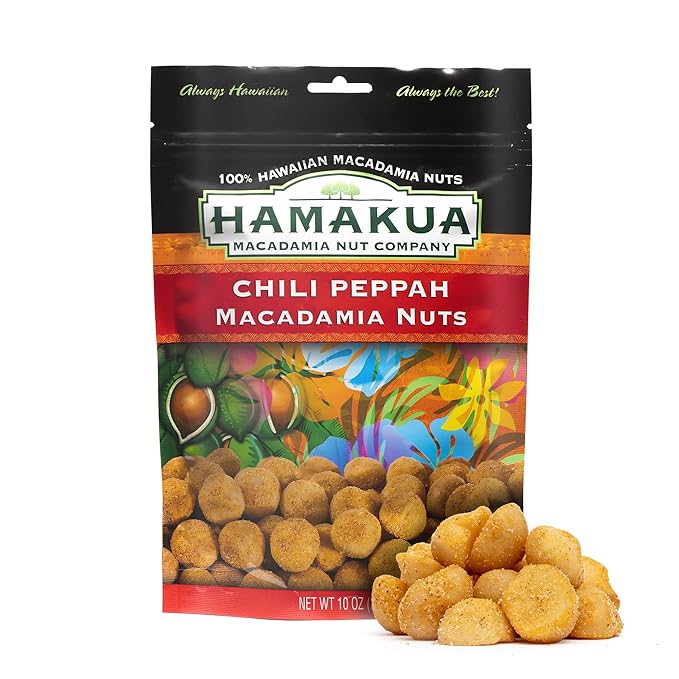 Hamakua Macadamia Nuts - Spicy Chili Pepper - Hawaiian Grown Flavored Dry Roasted Half and Whole