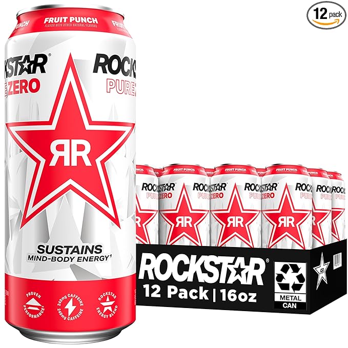 Rockstar Pure Zero Energy Drink, Fruit Punch, 0 Sugar, with Caffeine and Taurine, 16oz Cans (12