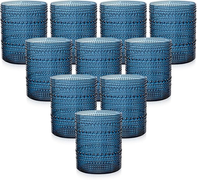 YOUBET 24PCS Plastic Drinking Glasses - 14OZ Blue Hobnail Drinkware Glasses - Vintage Glassware