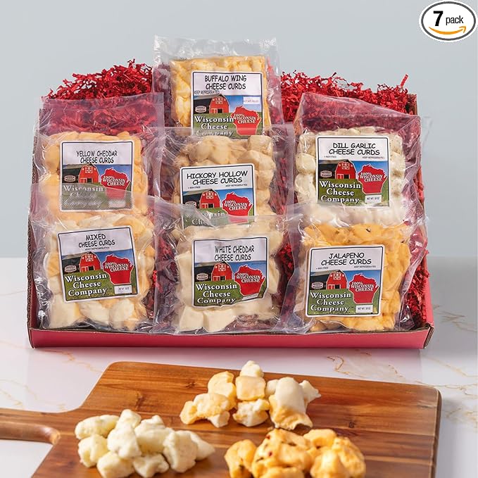Wisconsin Cheese Company - 100% Wisconsin Cheese Curd Variety Sampler Gift Box - (Pack of 7) | Huge