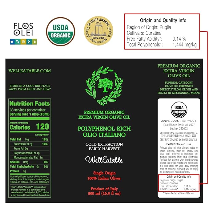 WellEatable Robust +1,200 mg/kg Polyphenol Rich Olio Italiano, New 2024-2025 Early Harvest Organic