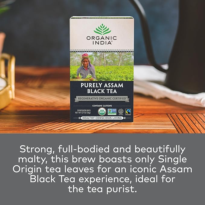 Organic India Purely Assam Black Tea - Caffeinated Herbal Tea Bags with Natural Assam Leaves, Enjoy
