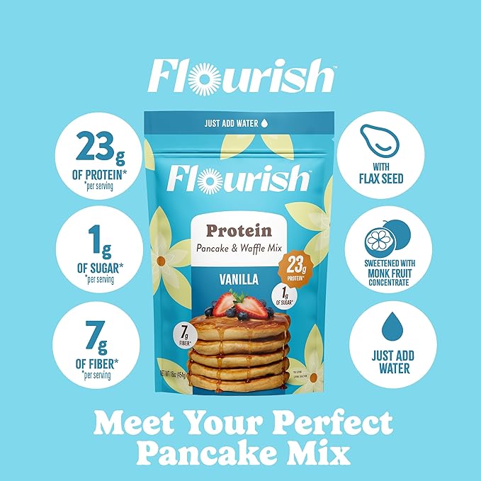 Flourish Protein Pancake & Waffle Mix, with Whey Protein & Flax Seed, No Added Sugar, High in