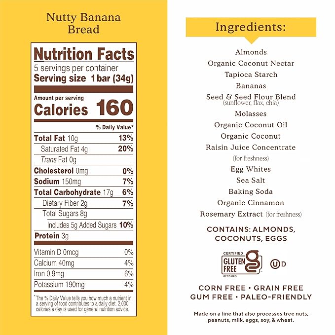 Simple Mills Almond Flour Snack Bars, Nutty Banana Bread - Gluten Free, Made with Organic Coconut
