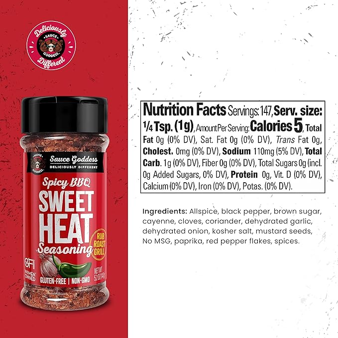 Sauce Goddess - Spicy BBQ Sweet Heat Spice Shaker - Barbeque Rub with Brown Sugar, Garlic, and