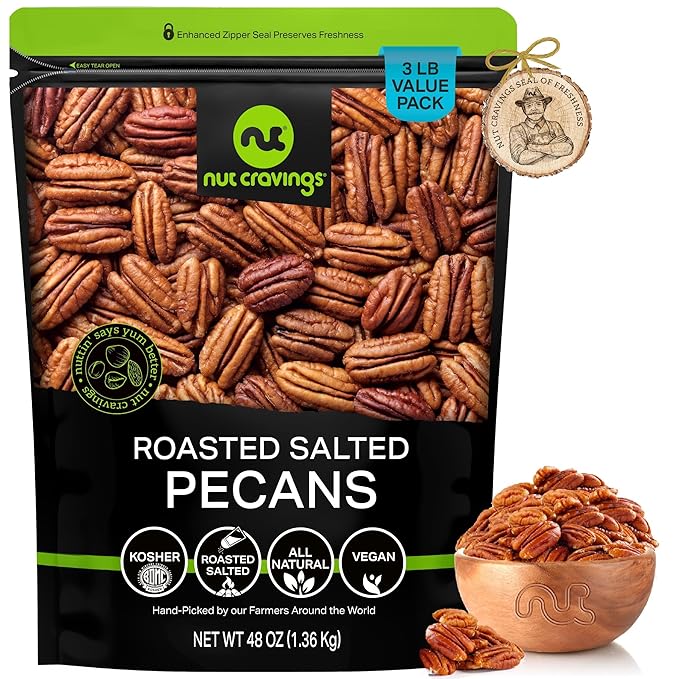 NUT CRAVINGS - Pecans Halves, Roasted & Salted, No Shell (48oz - 3 LB) Bulk Nuts Packed Fresh in