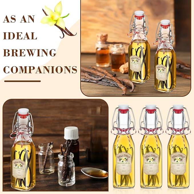 Uiifan 12 Pcs 8 oz Swing Top Clear Square Glass Bottles for Vanilla Extract with Caps and Cotton