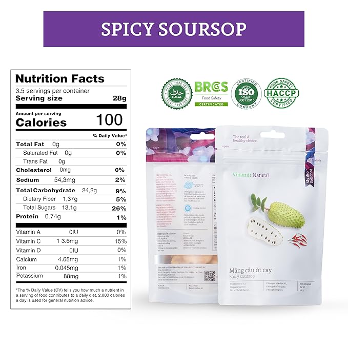 Vinamit Soft Dried Chili Soursop Fruit | 3.5 oz Bag | Tropical Fruit Snack | Vegan, Gluten-Free