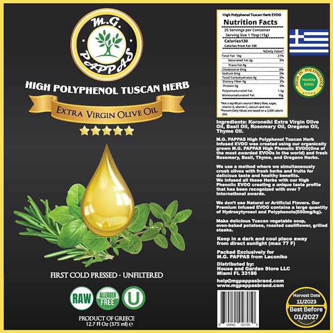 M.G. PAPPAS High Polyphenol Tuscan Herb Infused Olive Oil Extra Virgin - Over 500mg/kg - Unfiltered