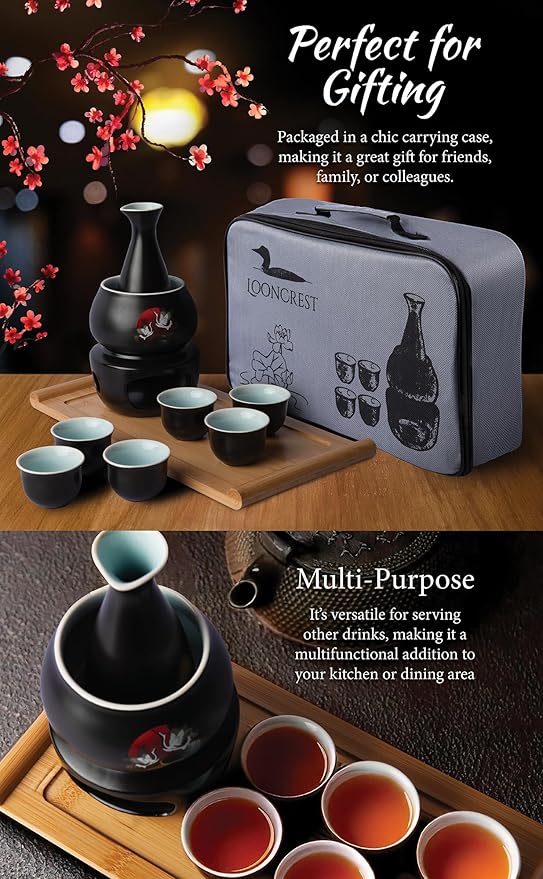 Japanese Sake Cup Set with 6 Ceramic Cups, 1 Ceramic Sake Bottle, 1 Ceramic Sake Warmer, Bamboo