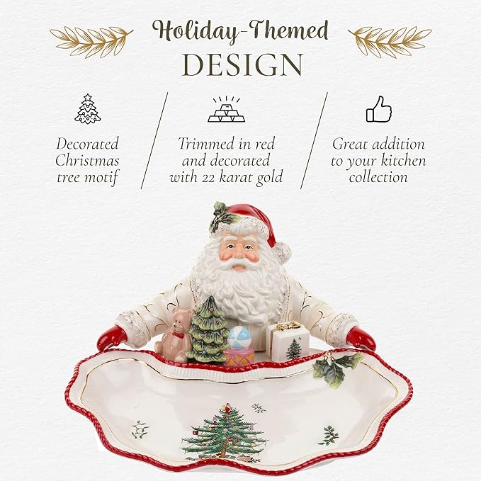 Spode Christmas Tree Gold Collection Figural Santa Dish, 12.25-Inch Holiday Décor Candy Bowl - Fine