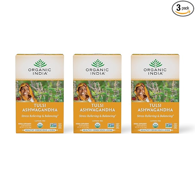 ORGANIC INDIA Calming Tulsi Ashwagandha Herbal Tea - Holy Basil Tea with Ashwagandha Root, Supports