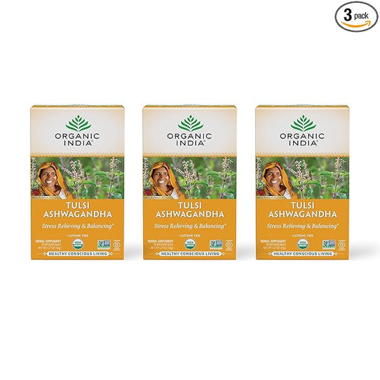 ORGANIC INDIA Calming Tulsi Ashwagandha Herbal Tea - Holy Basil Tea with Ashwagandha Root, Supports