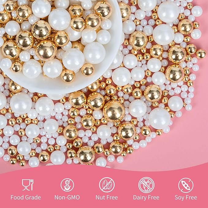 Edible Pearl Sprinkles,White Gold Candy Mixing Size,Baking Pearls Sprinkle Edible Cake Decorations