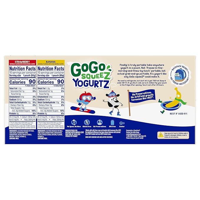 GoGo squeeZ yogurtZ Variety Pack, Strawberry & Banana, 3 oz (Pack of 20), Kids Snacks Made from