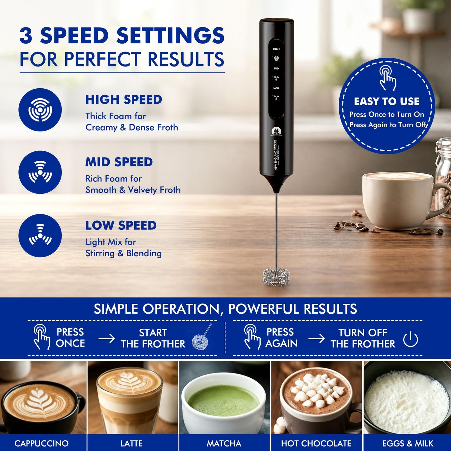 Rechargeable Milk Frother with Stand, 4 Interchangeable Whisks & Travel Case – Handheld Mixer for