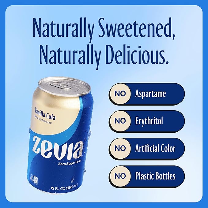 Zevia Zero Sugar Soda, Vanilla Cola, 12 oz Cans (8-Pack) ??Naturally Sweetened, Non-GMO Project