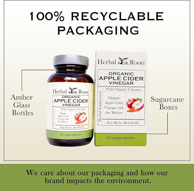 Herbal Roots Organic Apple Cider Vinegar Capsules with Mother and Organic Cayenne | 650 mg | 60